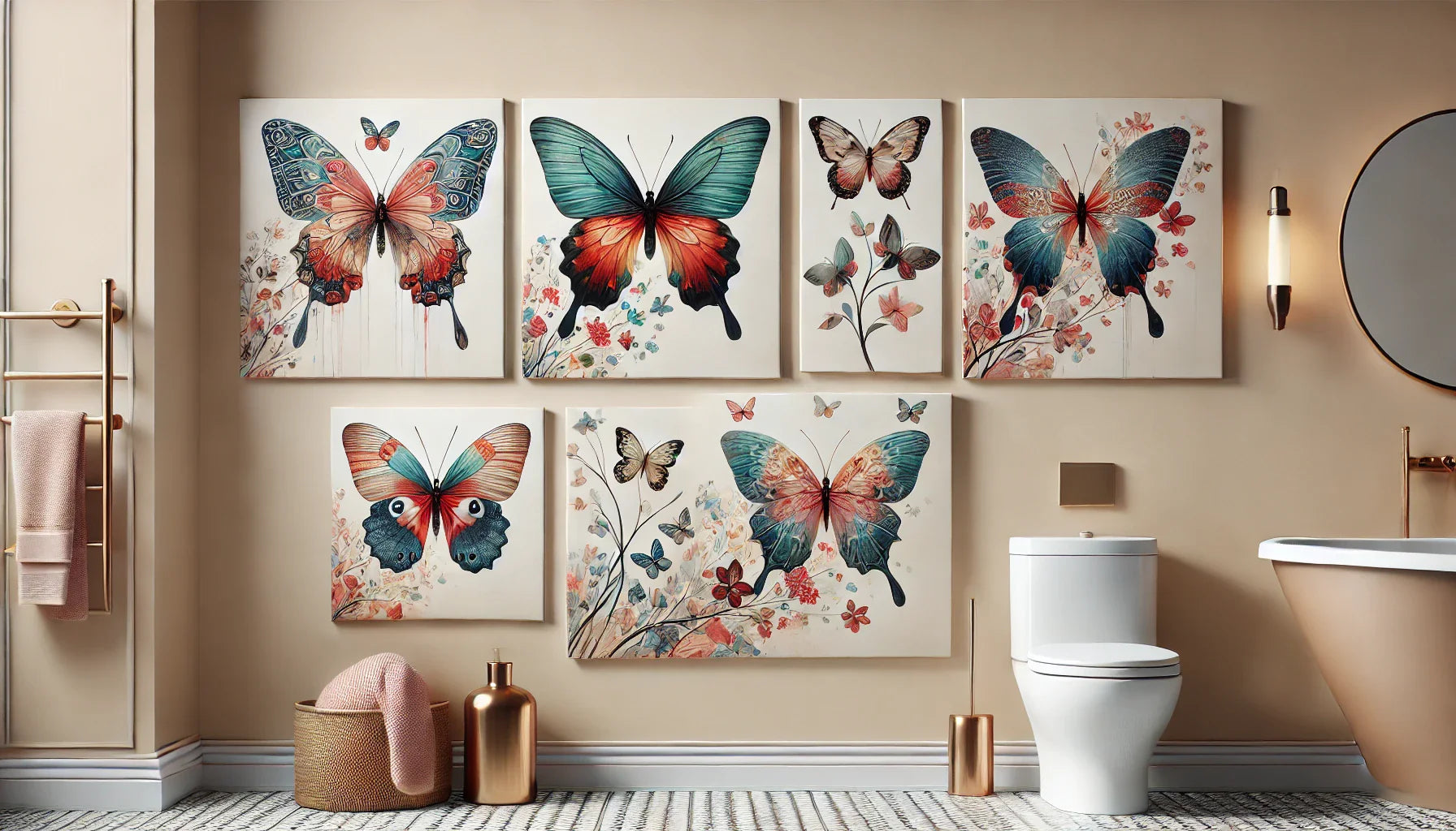 Une composition horizontale regroupant cinq tableaux papillon artistiques, illustrant des designs variés et colorés, parfaitement adaptés pour embellir une salle de bain moderne et élégante.