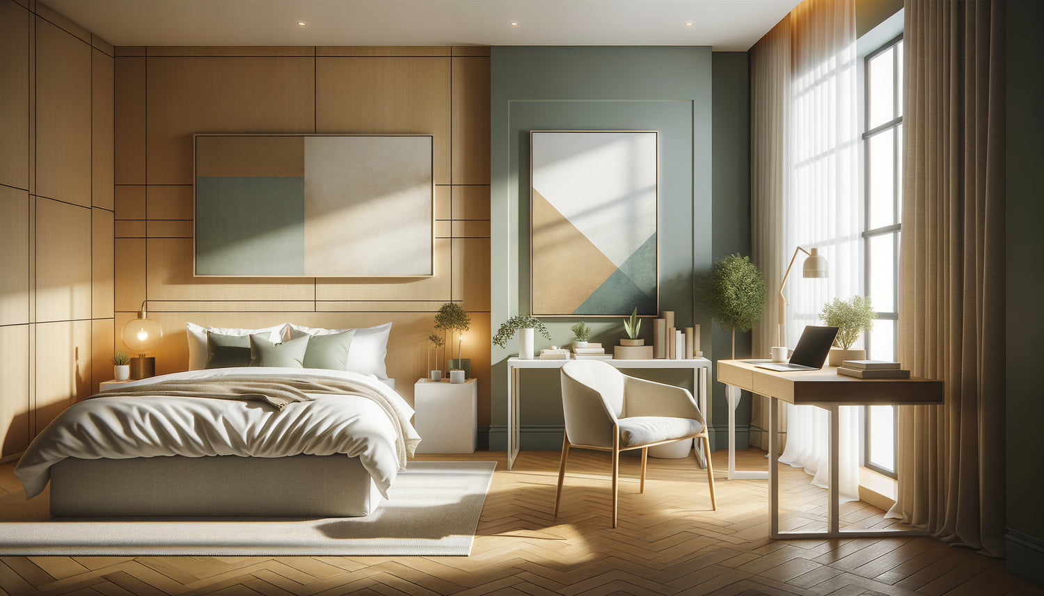 Chambre-bureau moderne avec tableaux apaisants combinant zones repos et travail harmonieusement