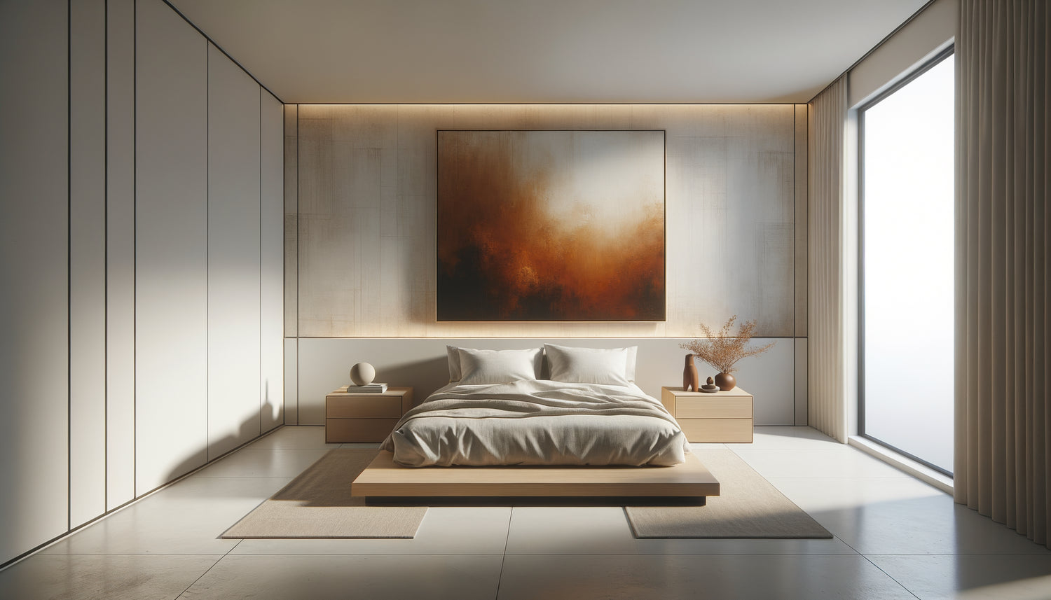Chambre design minimaliste contemporaine humanisée par un tableau abstrait aux tons chauds au-dessus du lit
