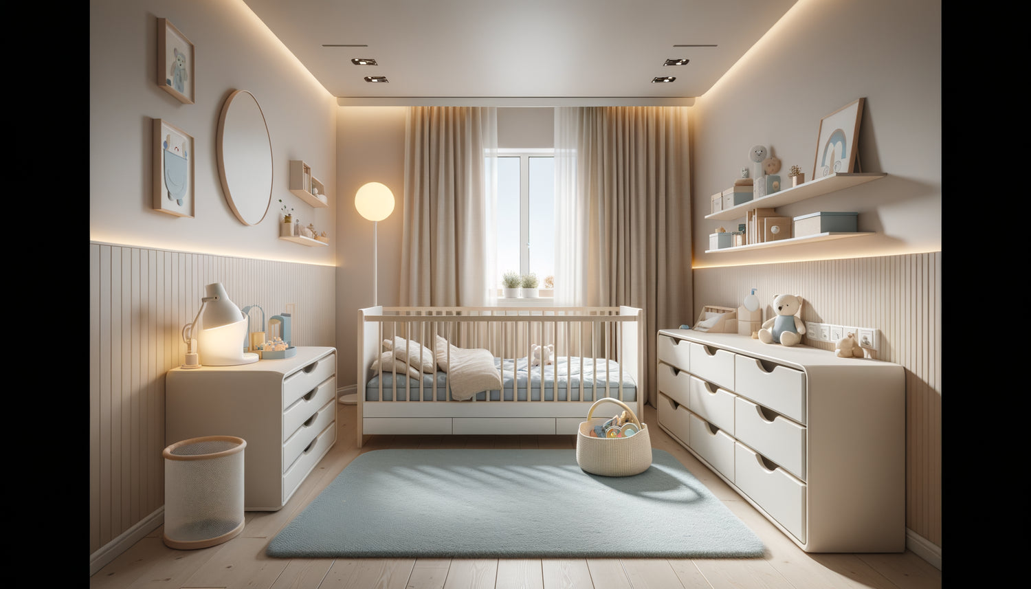 Chambre d'enfant moderne et sécurisée pour location Airbnb familiale avec lit à barreaux, rangements modulables et éclairage apaisant