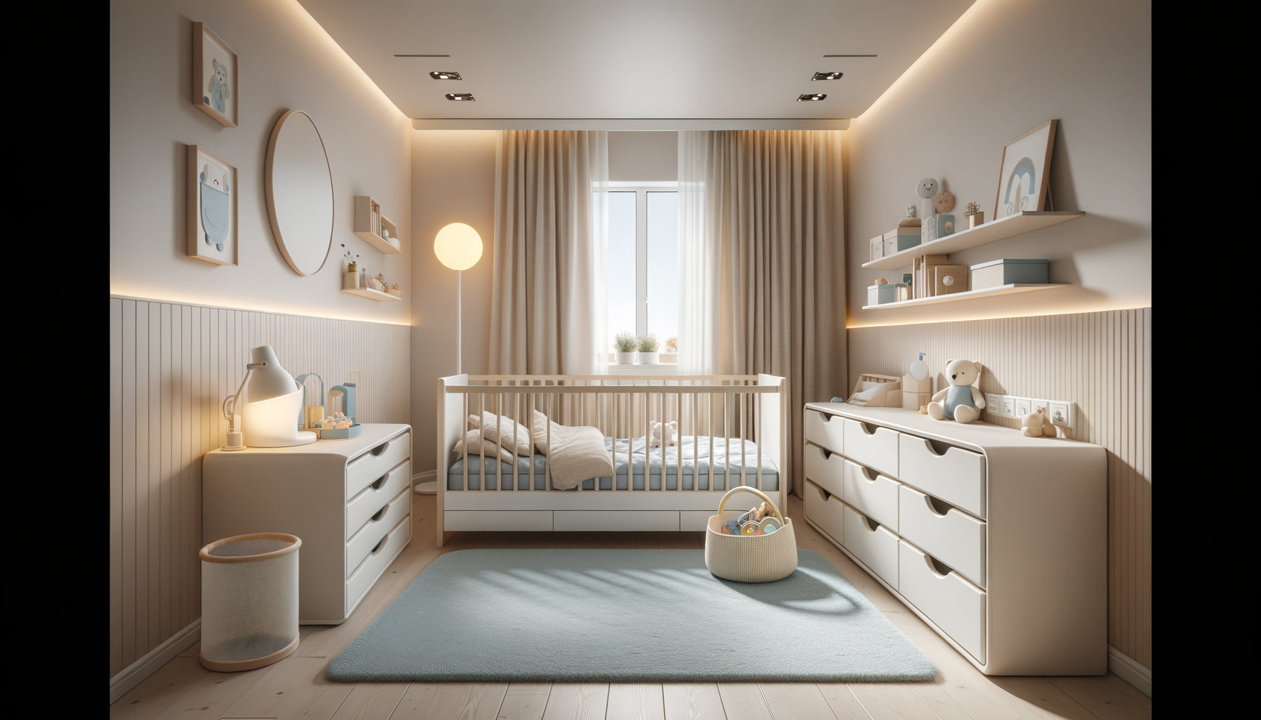 Chambre d'enfant moderne et sécurisée pour location Airbnb familiale avec lit à barreaux, rangements modulables et éclairage apaisant