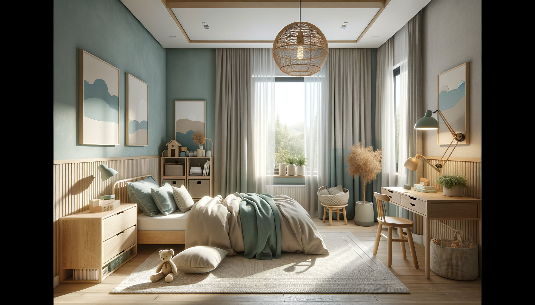 Chambre d'enfant apaisante aux couleurs douces bleu pastel et vert sauge, design minimaliste adapté TDAH