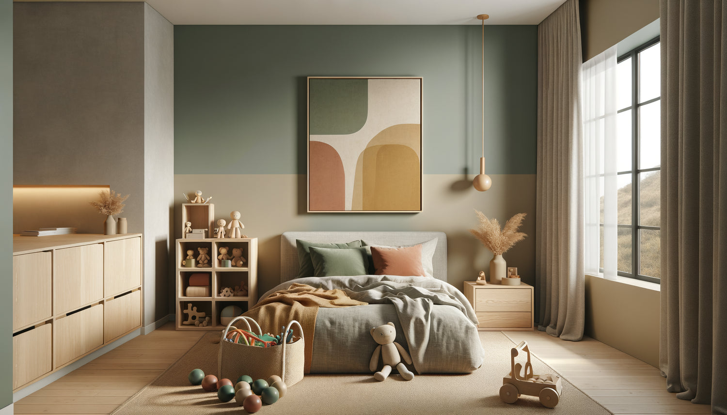 Chambre d'enfant contemporaine aux couleurs inclusives non-genrées, tons neutres et palette sophistiquée intemporelle