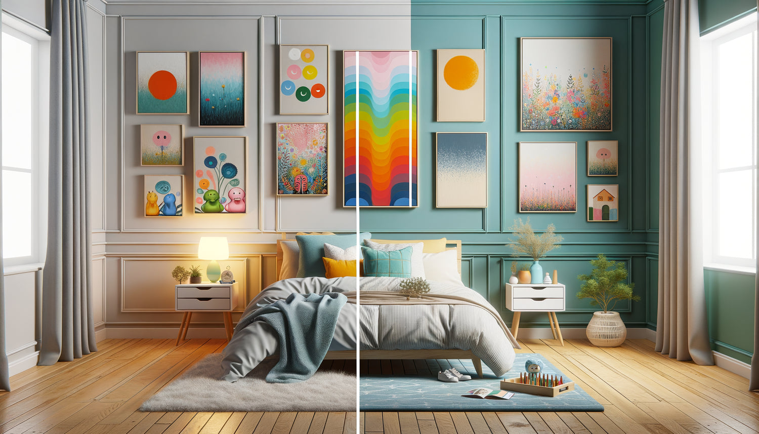 Comparaison visuelle chambre enfant : couleurs vives stimulantes versus palette douce apaisante pour hyperactivité