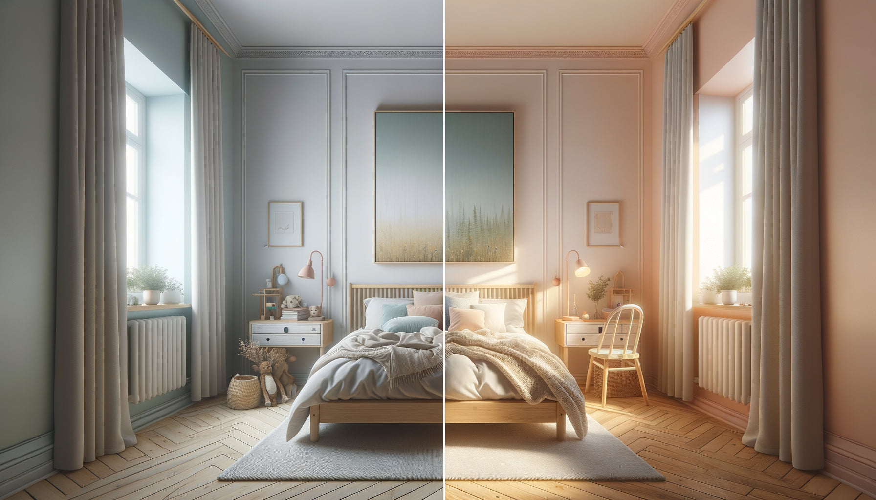 Comparaison chambre enfant en longueur avec tableau horizontal versus vertical pour corriger proportions espace