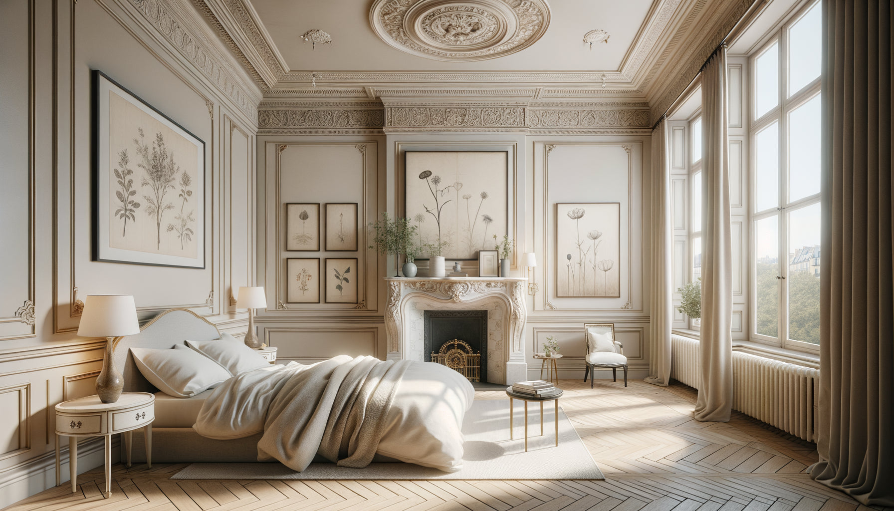 Chambre haussmannienne parisienne avec moulures, cheminée en marbre et œuvres encadrées : gravures anciennes, aquarelles poudrées et photographies noir et blanc