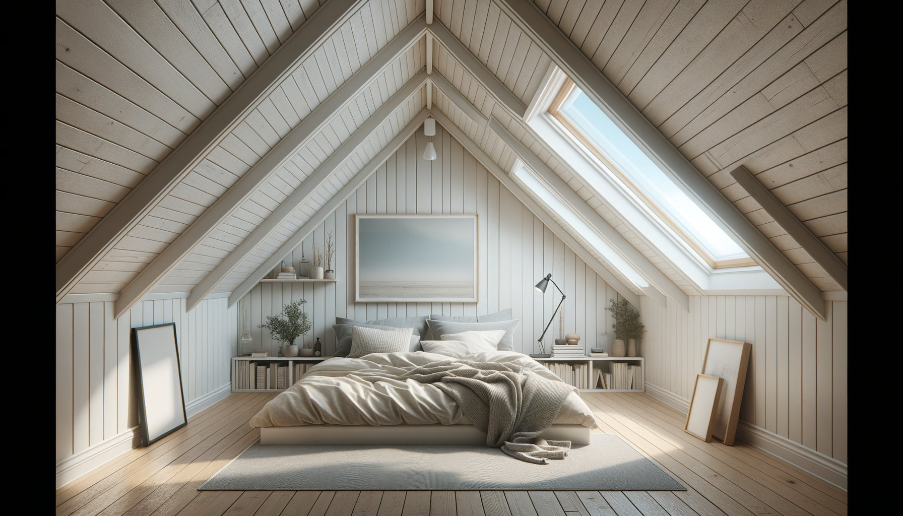 Chambre mansardée contemporaine avec tableaux positionnés sur murs verticaux et inclinés sous les combles