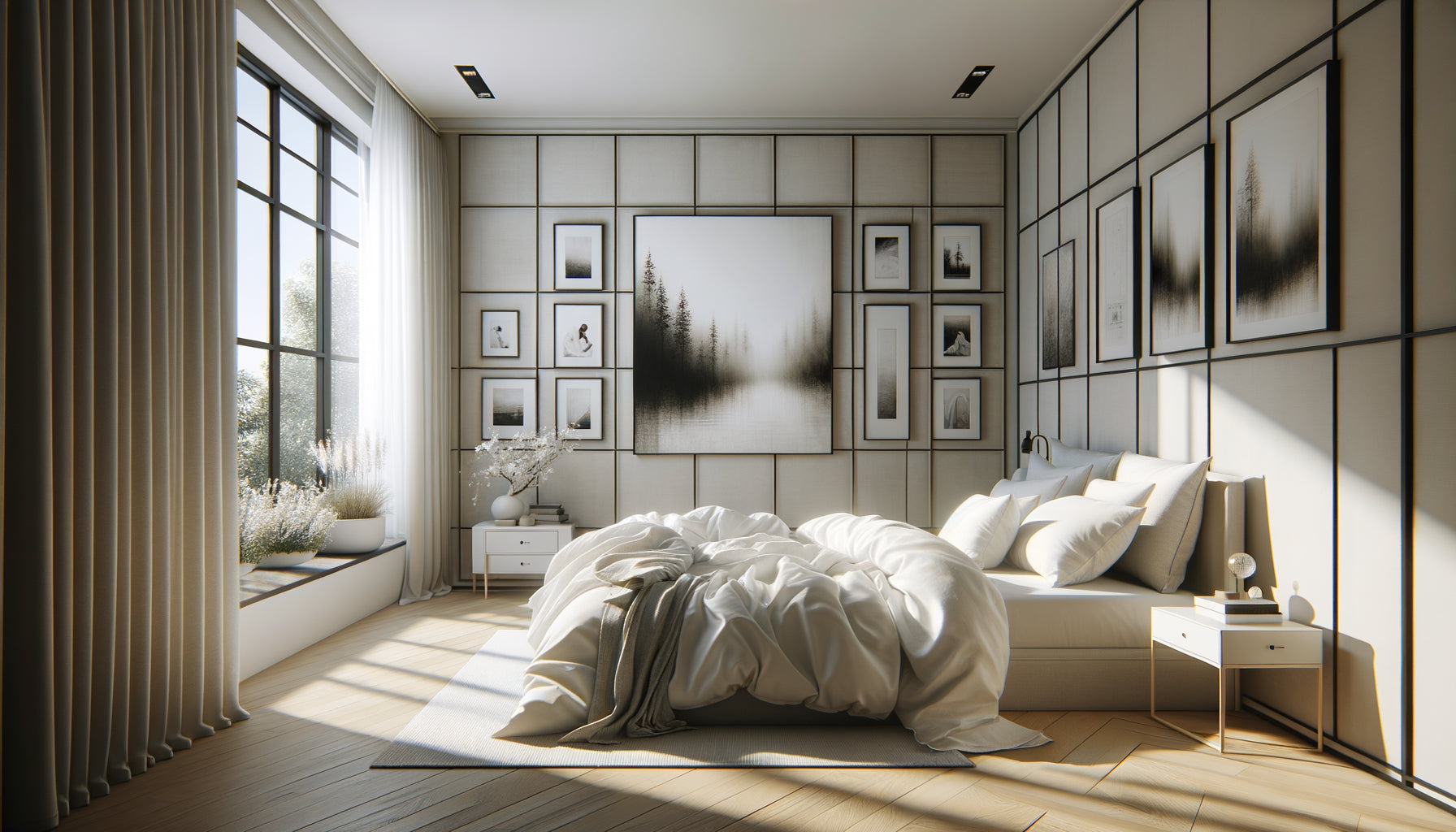 Chambre contemporaine élégante avec œuvres photographiques en noir et blanc créant une décoration intemporelle