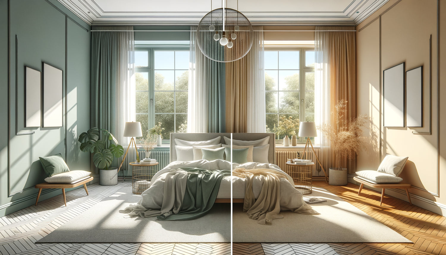 Comparaison chambre orientée sud en teintes froides et chaudes, lumière naturelle abondante, décoration contemporaine