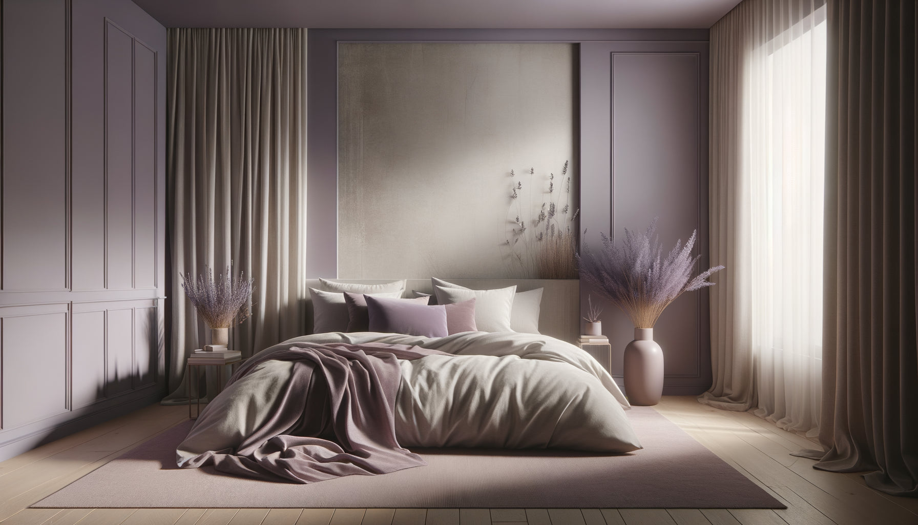 Chambre contemporaine apaisante aux tons lavande et mauve, lumière douce, ambiance sereine favorisant le repos