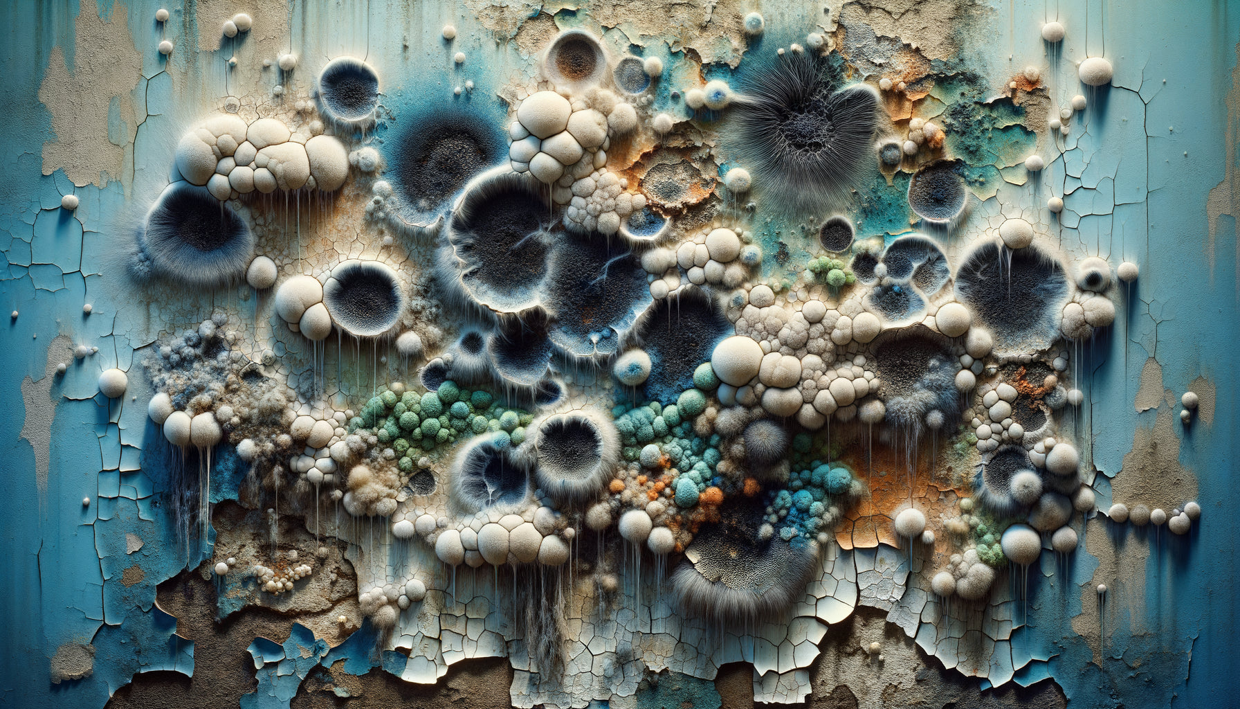 Mur peint dégradé par champignons Aspergillus et moisissures en climat tropical africain humide