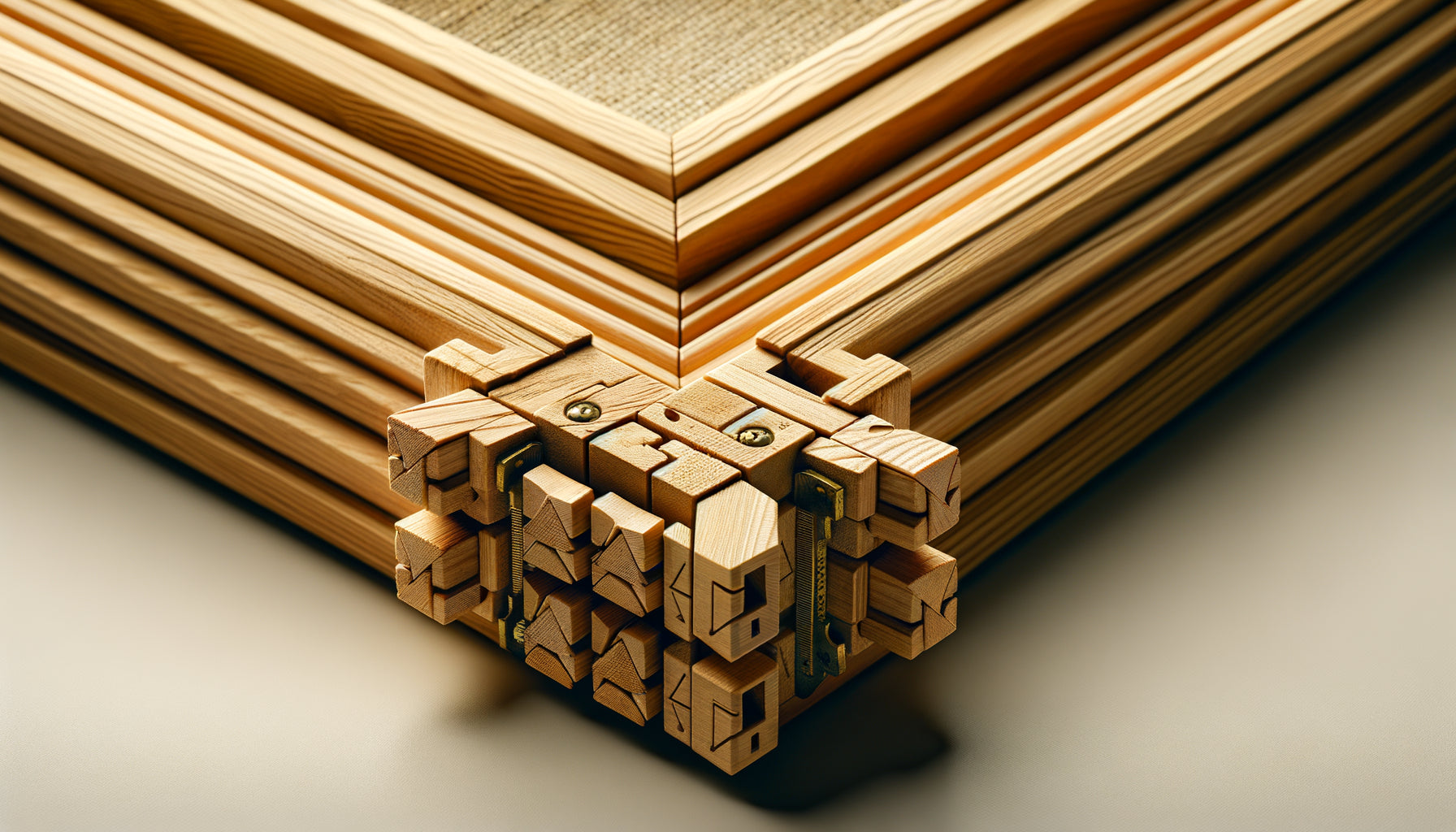 Gros plan d'un angle de châssis à clés avec coins en bois insérés pour retendre une toile