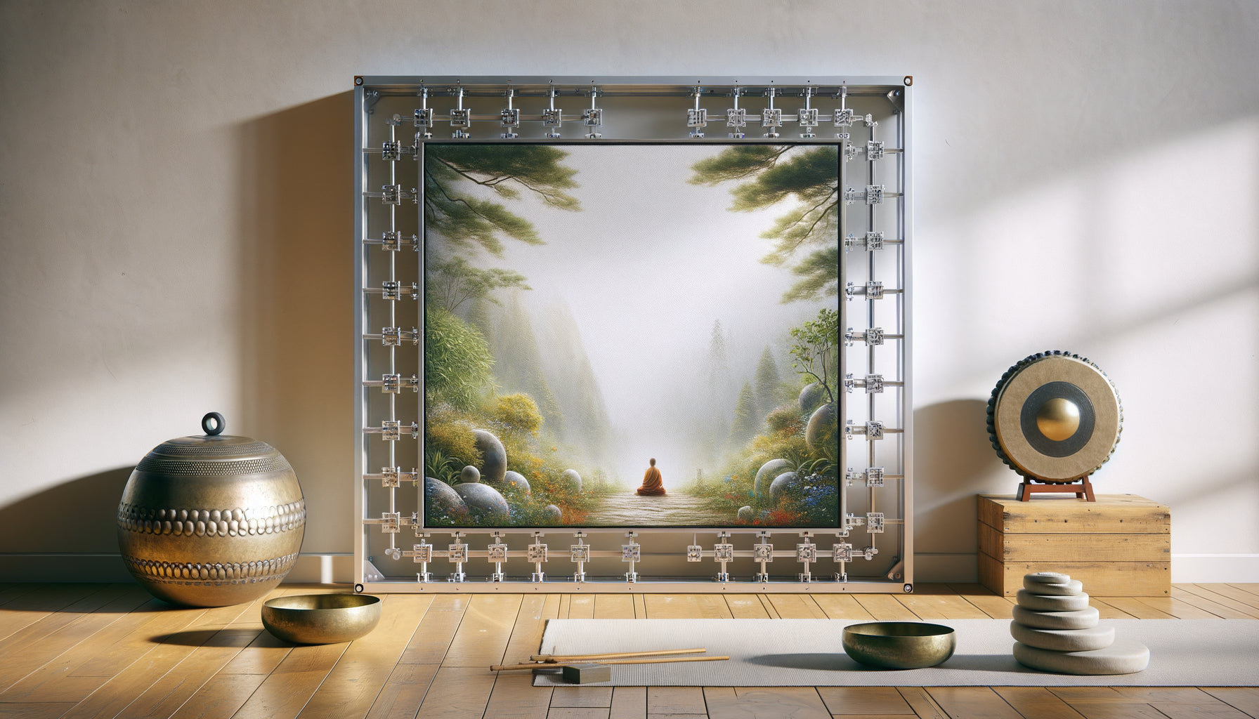 Tableau sur châssis aluminium renforcé anti-vibration dans salle de yoga avec bols tibétains