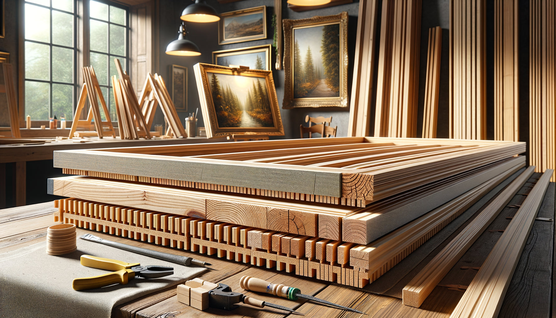 Comparaison de châssis en bois premium pour tableaux professionnels, pin maritime et épicéa sélectionné, atelier artisanal