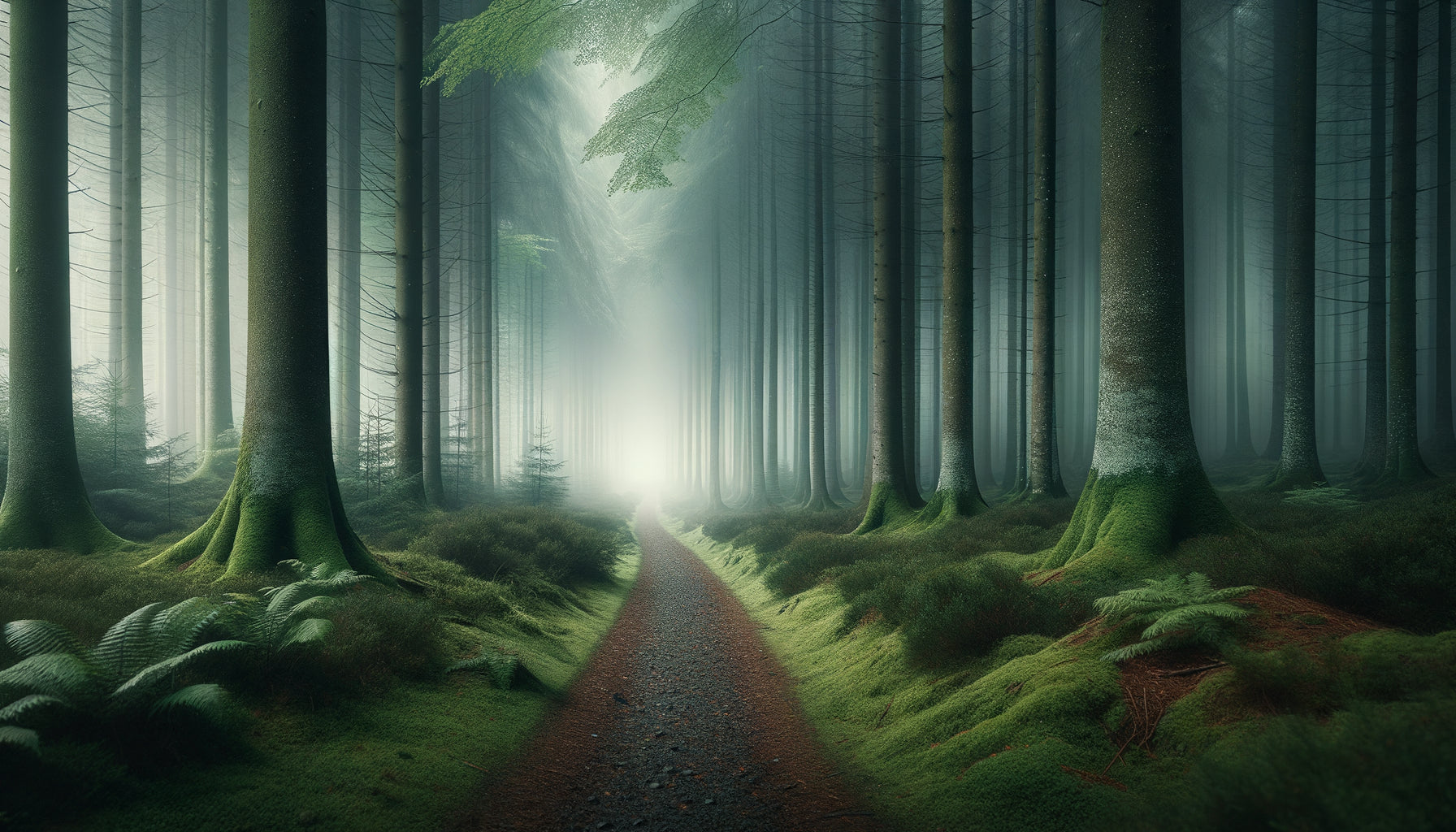 Sentier forestier brumeux disparaissant entre les arbres, créant une perspective onirique et mystérieuse invitant au voyage imaginaire