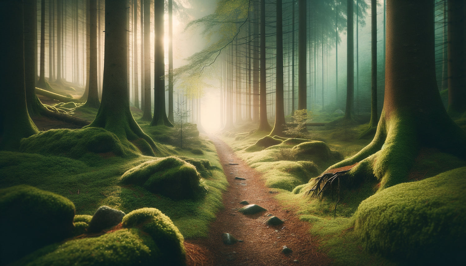 Chemin forestier brumeux symbolisant le voyage intérieur et la progression méditative du yoga
