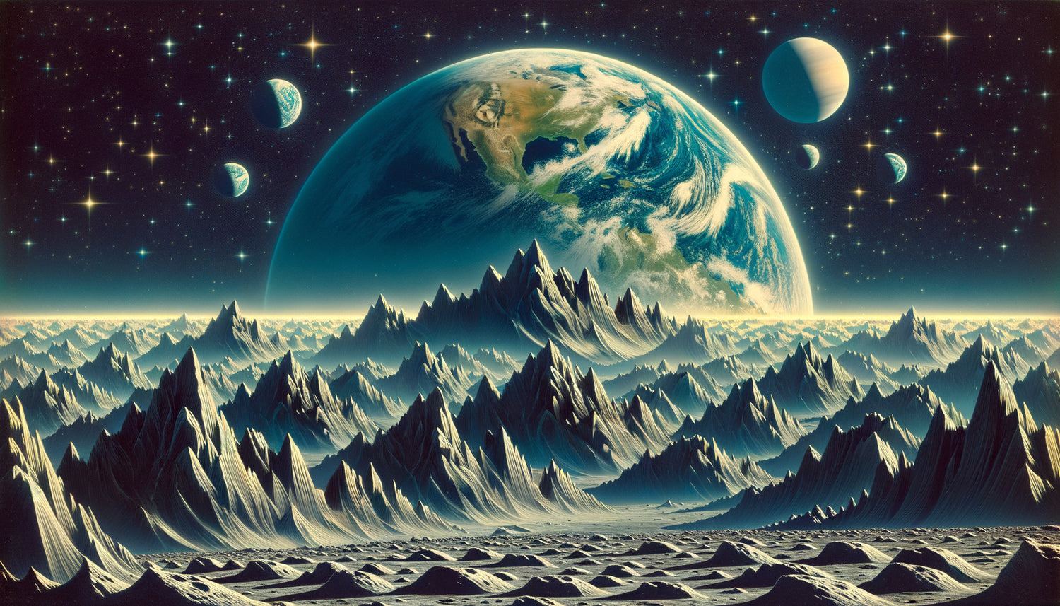 Peinture spatiale années 1940 style Chesley Bonestell montrant paysage lunaire dramatique avec Terre à l'horizon