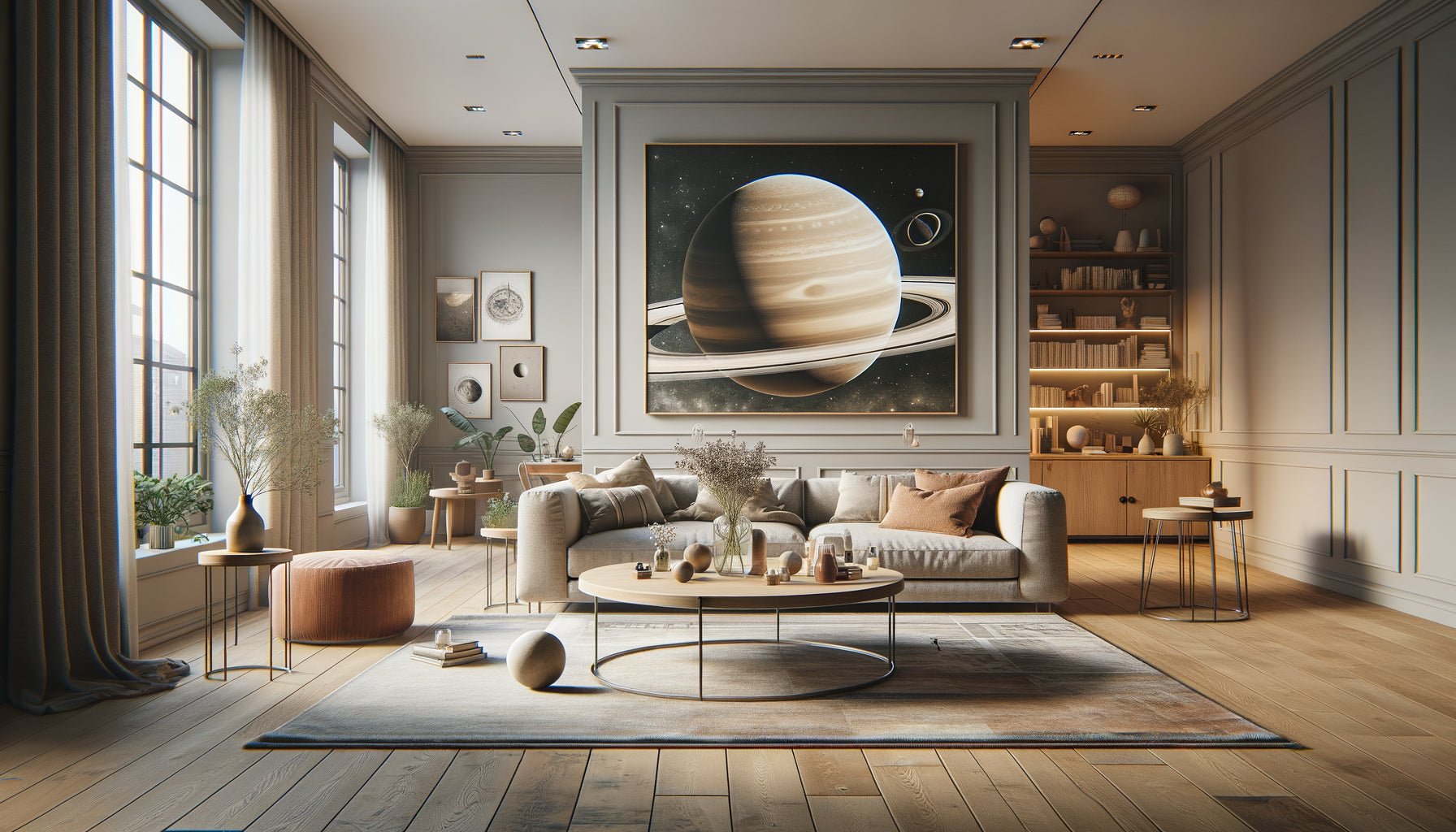 Décoration intérieure moderne avec affiche Space Art vintage inspirée de Chesley Bonestell représentant Saturne