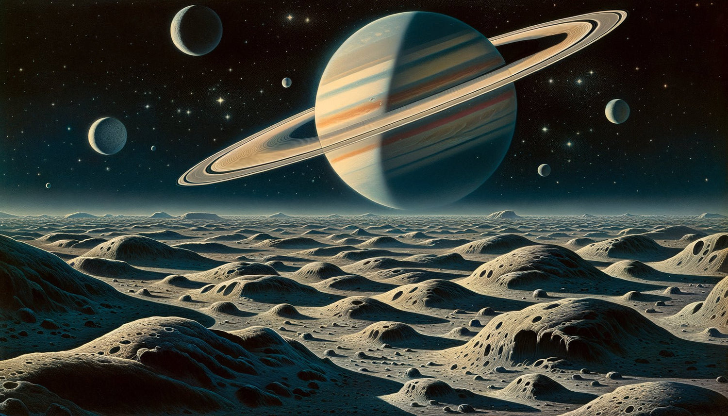 Peinture spatiale années 1950 style Chesley Bonestell montrant Saturne depuis une de ses lunes, réalisme astronomique pré-NASA