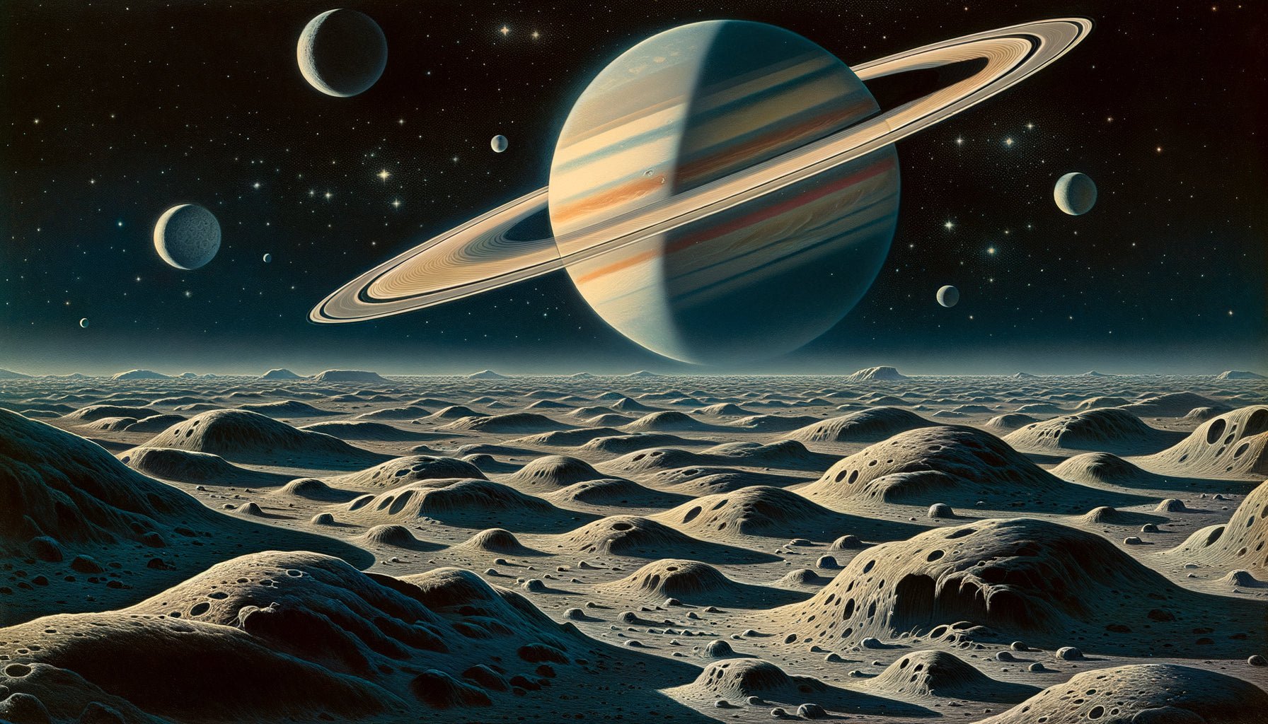 Peinture spatiale années 1950 style Chesley Bonestell montrant Saturne depuis une de ses lunes, réalisme astronomique pré-NASA