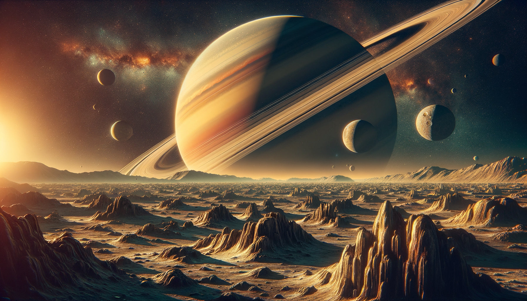 Peinture spatiale style Chesley Bonestell années 1950 : vue depuis lune de Saturne, romantisme cosmique rétro-futuriste