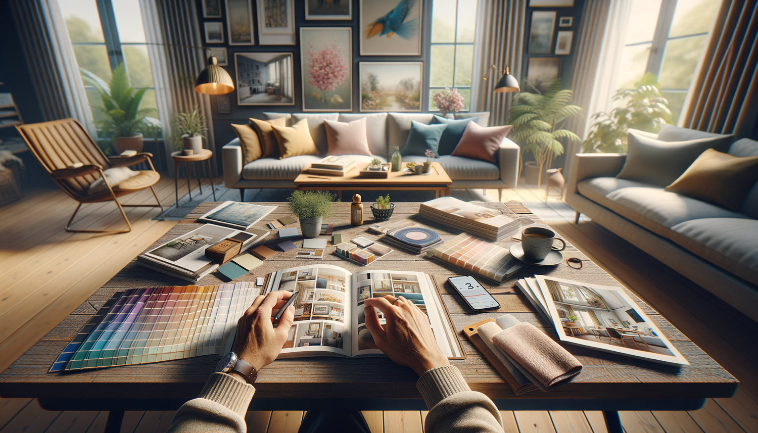 Personne examinant différents styles de tableaux et échantillons sur une table pour choisir le cadeau idéal