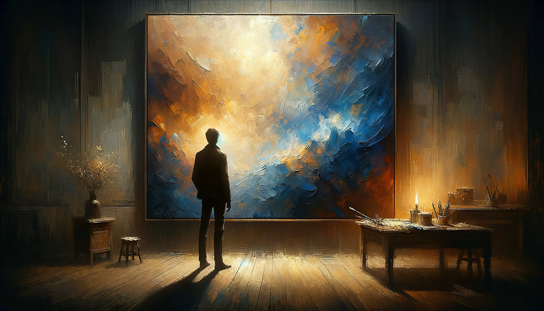 Personne contemplant de près une peinture abstraite émotionnelle, moment de connexion intime avec l'œuvre