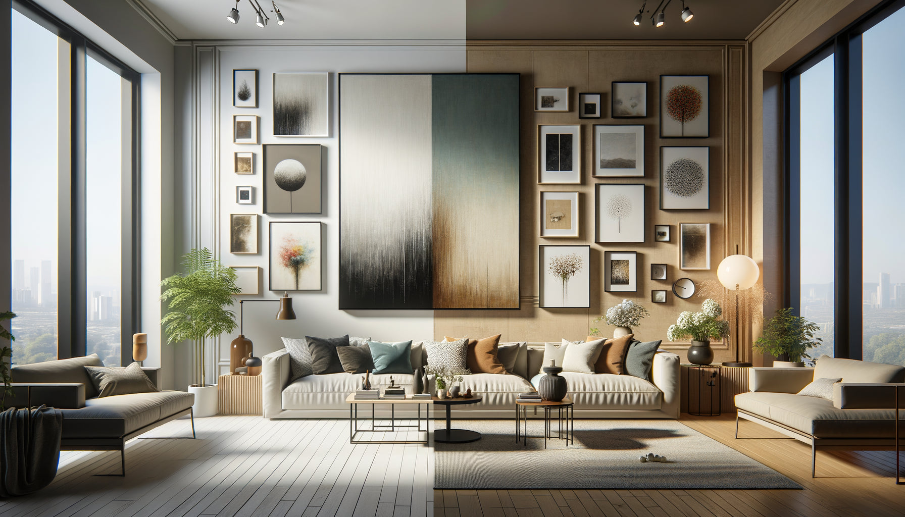 Comparaison entre mur avec grande œuvre centrale unique et composition multiple de petites œuvres dispersées