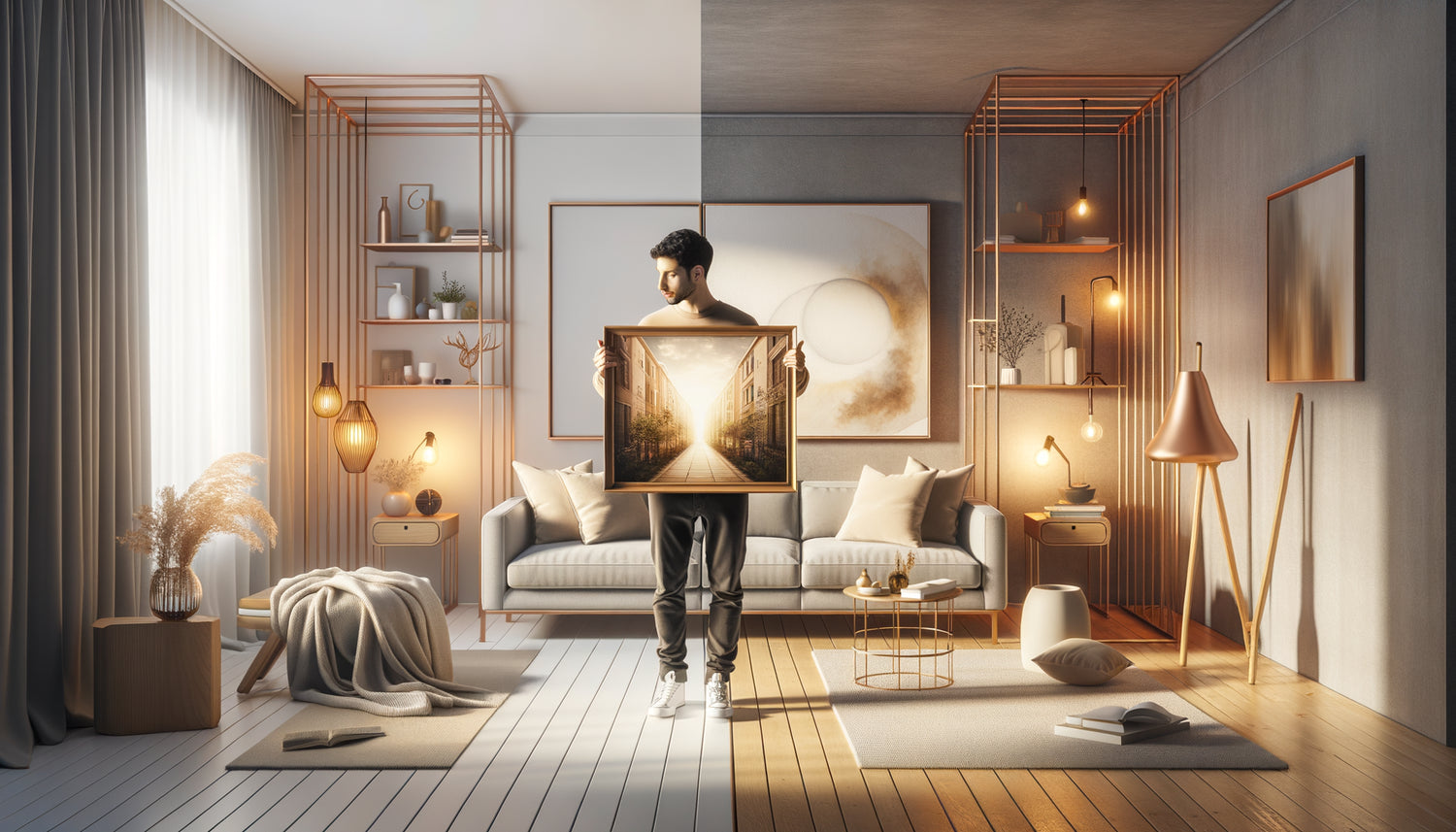 Personne hésitant entre accrocher un tableau dans le salon ou la chambre de son premier appartement