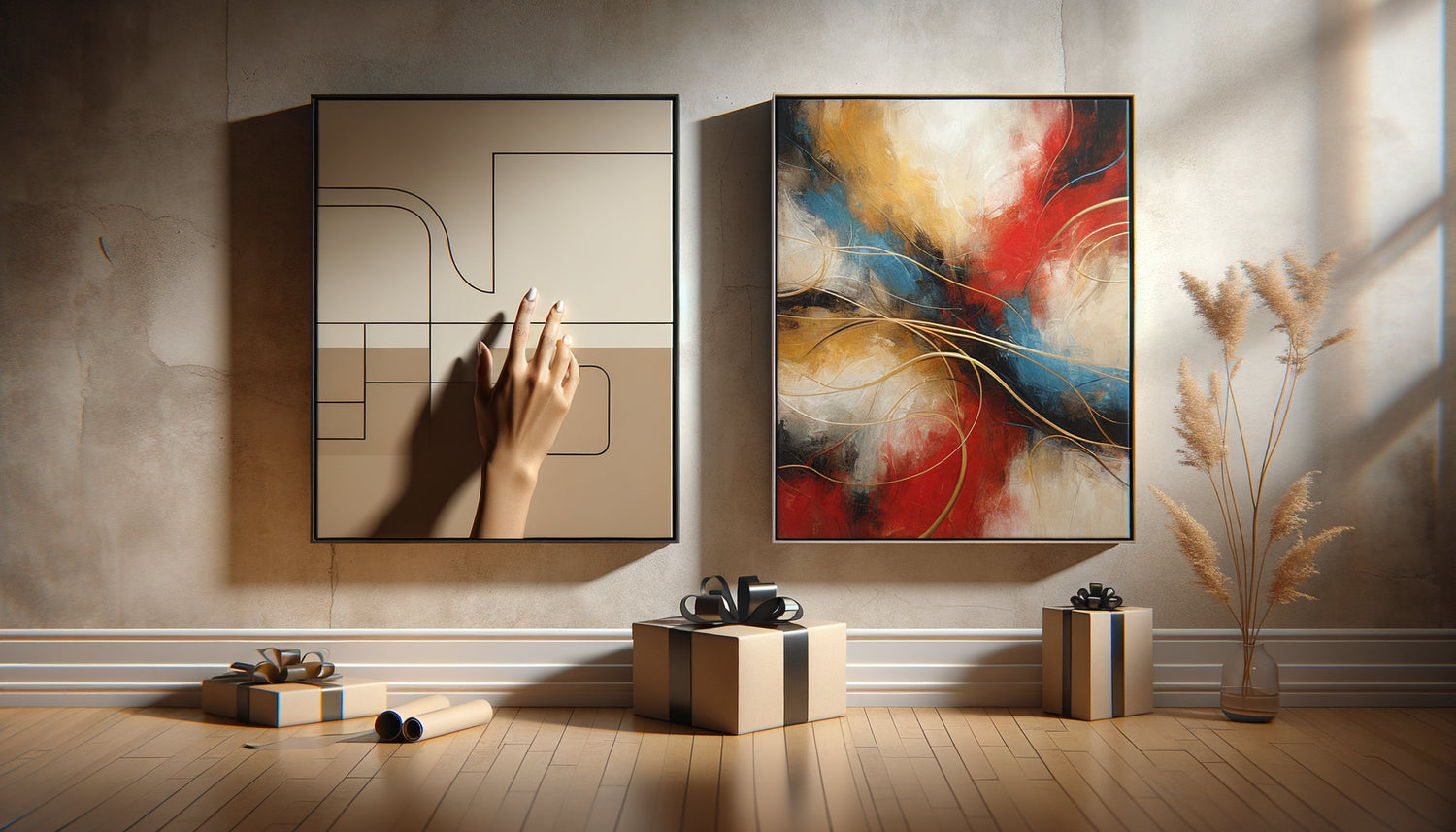 Choix entre tableau abstrait neutre apaisant et œuvre audacieuse colorée dans contexte de cadeau contemporain