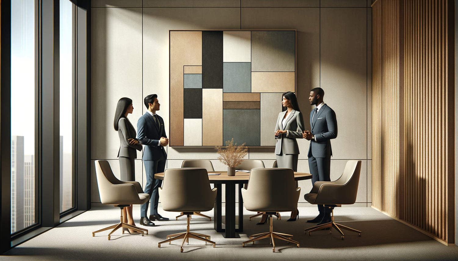 Associés de cabinet examinant ensemble un tableau abstrait minimaliste aux tons neutres dans une salle de réunion moderne