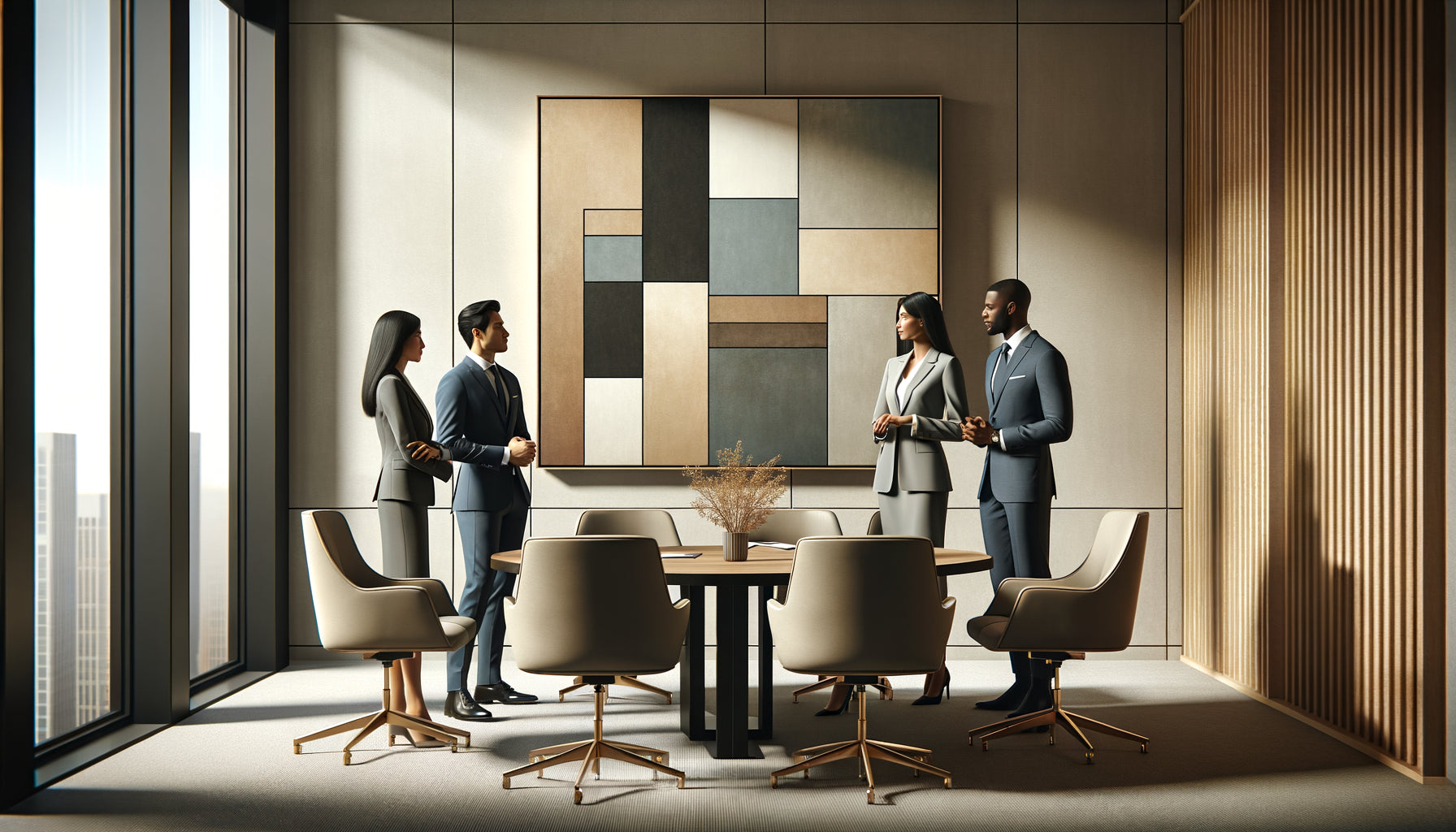 Associés de cabinet examinant ensemble un tableau abstrait minimaliste aux tons neutres dans une salle de réunion moderne