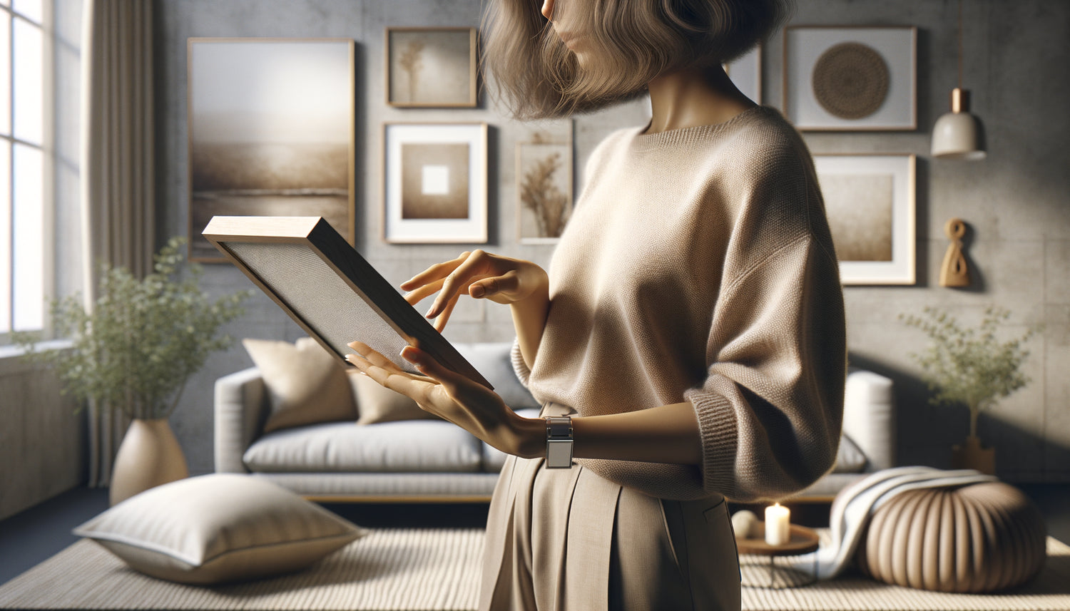 Personne testant l'emplacement d'un tableau contre un mur, moment de réflexion dans choix artistique durable
