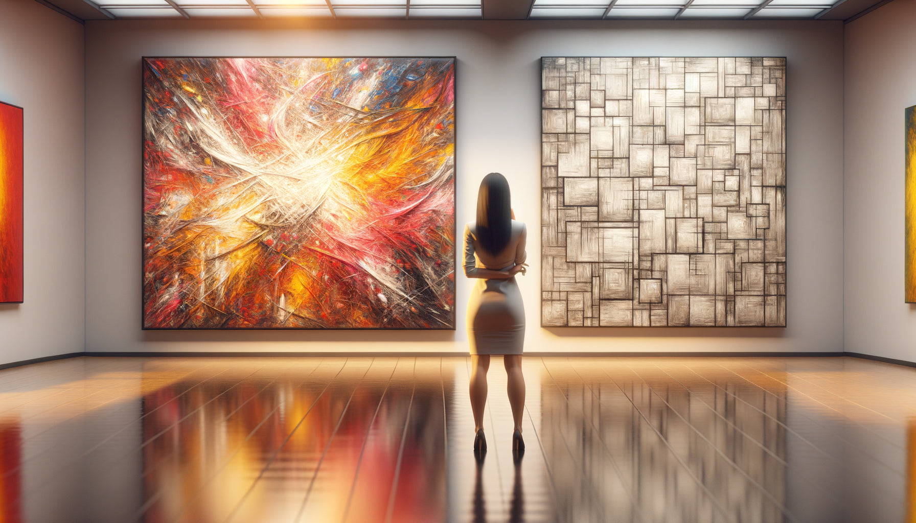 Personne contemplant choix entre tableau expressionniste audacieux et œuvre minimaliste consensuelle, métaphore décision personnelle versus approbation sociale