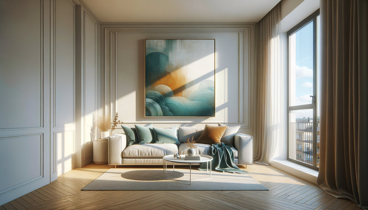 Studio moderne avec tableau abstrait unique comme point focal, illustration du choix stratégique d'œuvre pour petit espace
