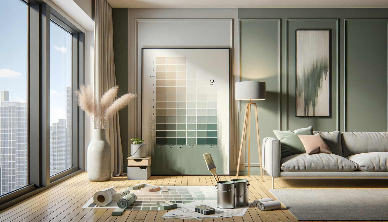 Scène d'intérieur contemporain montrant mur blanc avec échantillons de peinture et tableau encadré illustrant le dilemme décoration