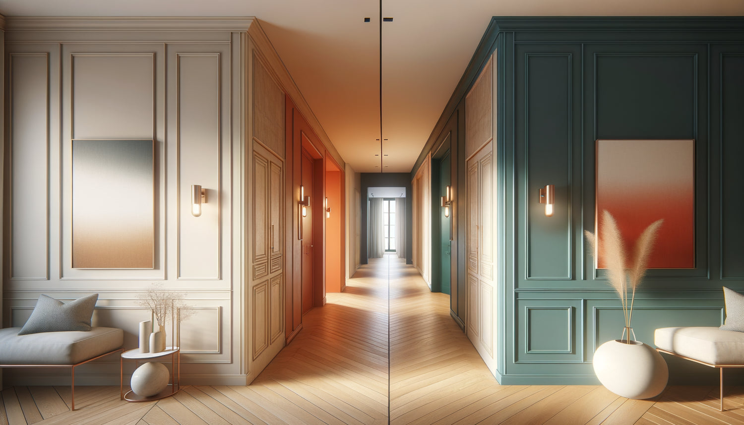 Comparaison visuelle entre couloir aux tons neutres apaisants et couloir avec mur coloré audacieux, design d'intérieur contemporain