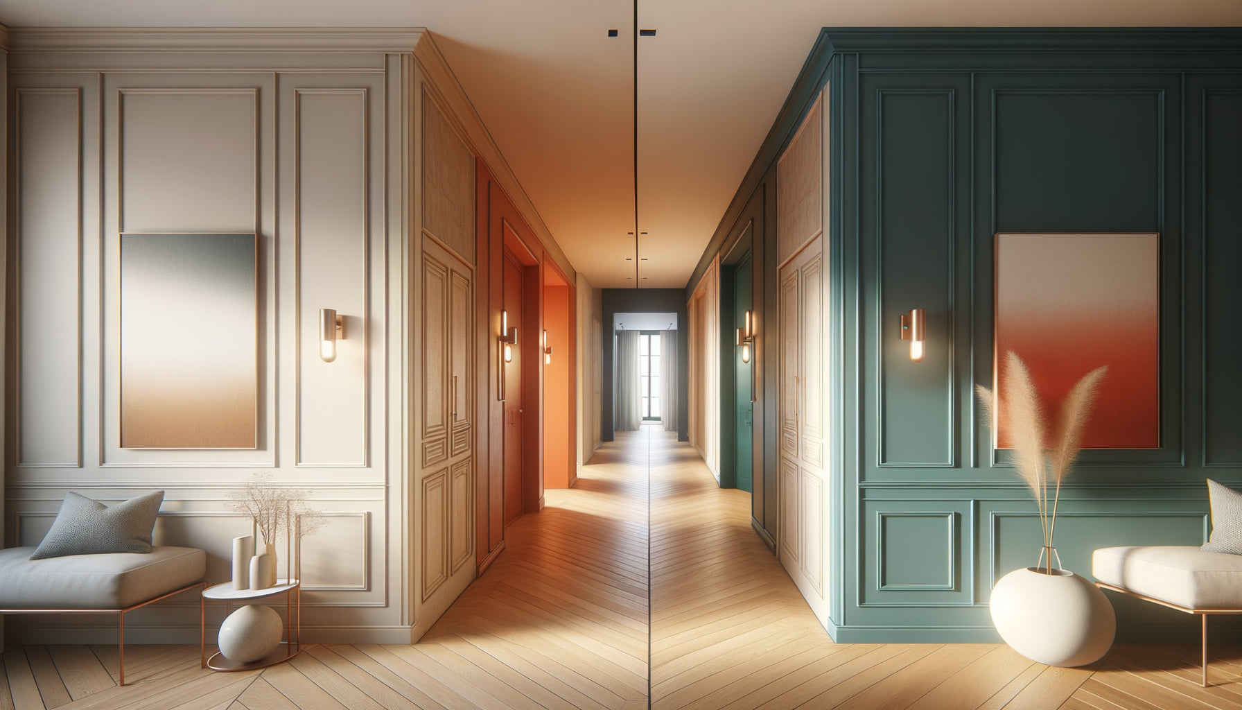 Comparaison visuelle entre couloir aux tons neutres apaisants et couloir avec mur coloré audacieux, design d'intérieur contemporain