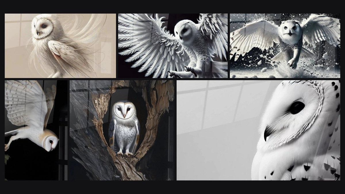 Mosaic of six paintings, including Softness of Feathers, Owl Wall Art Shadow Guardian and Arctic Silence