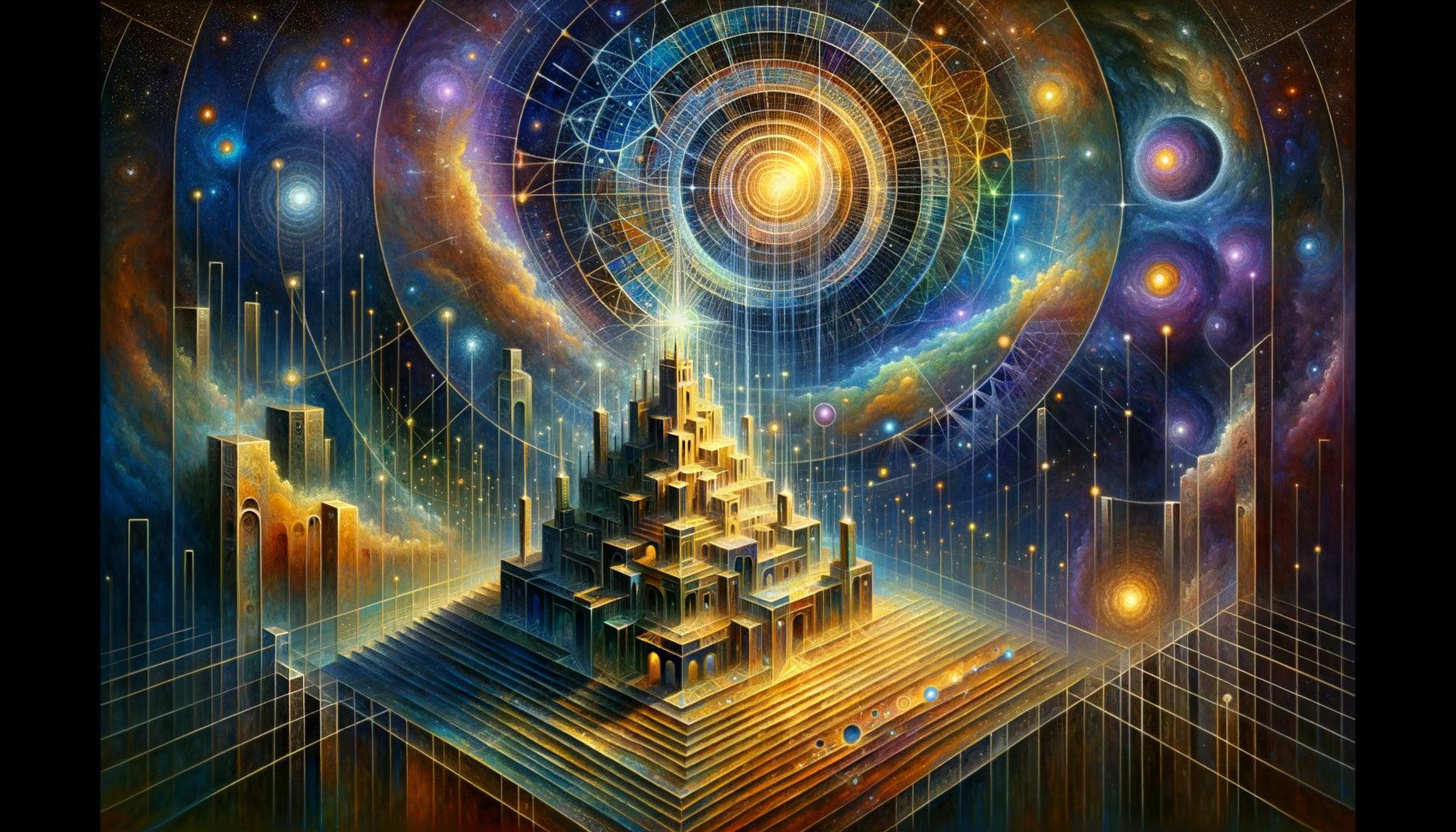 Peinture symboliste style Čiurlionis représentant architectures cosmiques impossibles et géométries sacrées théosophiques dans l'infini spatial