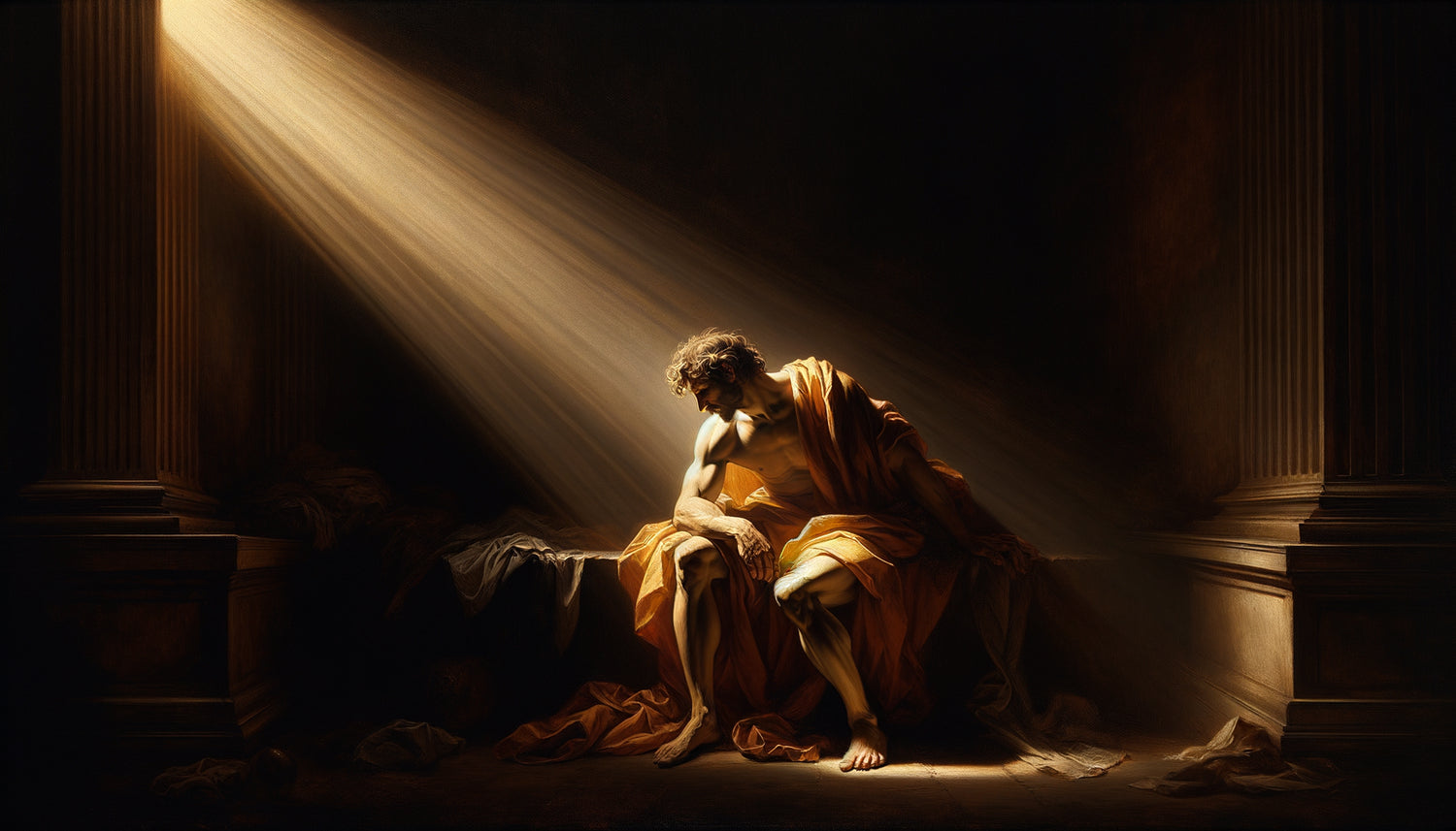 Peinture baroque style Caravage avec technique du clair-obscur dramatique, contrastes lumineux extrêmes caractéristiques du ténébrisme du XVIIe siècle