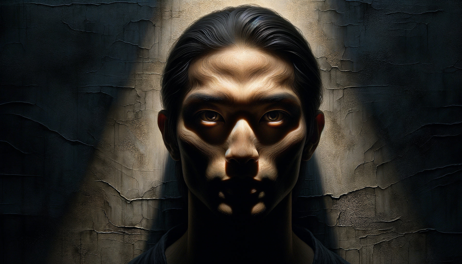 Technique de clair-obscur horrifique avec ratio 80/20, éclairage ascendant perturbant et ombres démesurées sur visage