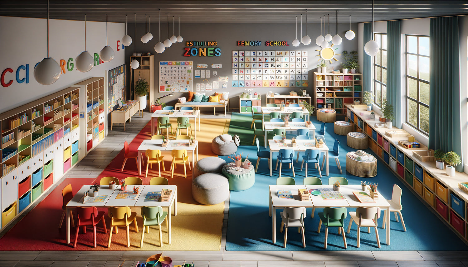 Classe moderne CP-CE1 organisée en trois zones chromatiques distinctes : couleurs vives stimulantes, tons apaisants et espaces neutres