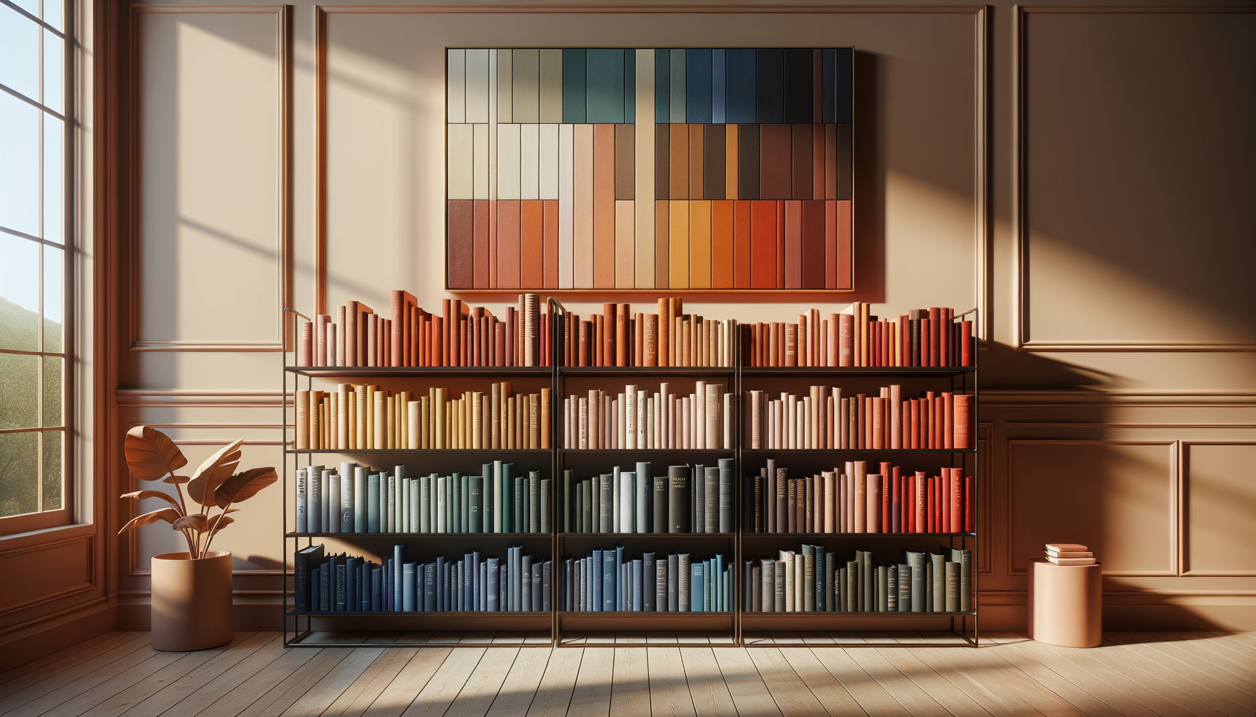 Bibliothèque contemporaine avec dos de livres organisés par couleurs harmonisées avec l'art mural abstrait derrière