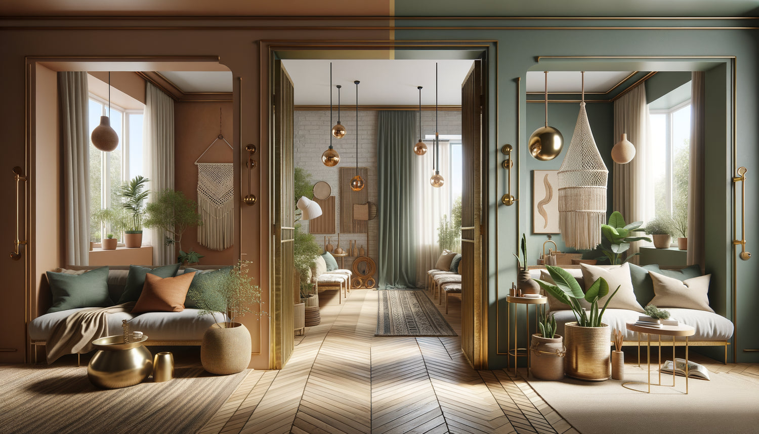 Transition visuelle harmonieuse entre deux pièces aux personnalités distinctes reliées par des couleurs et matières récurrentes