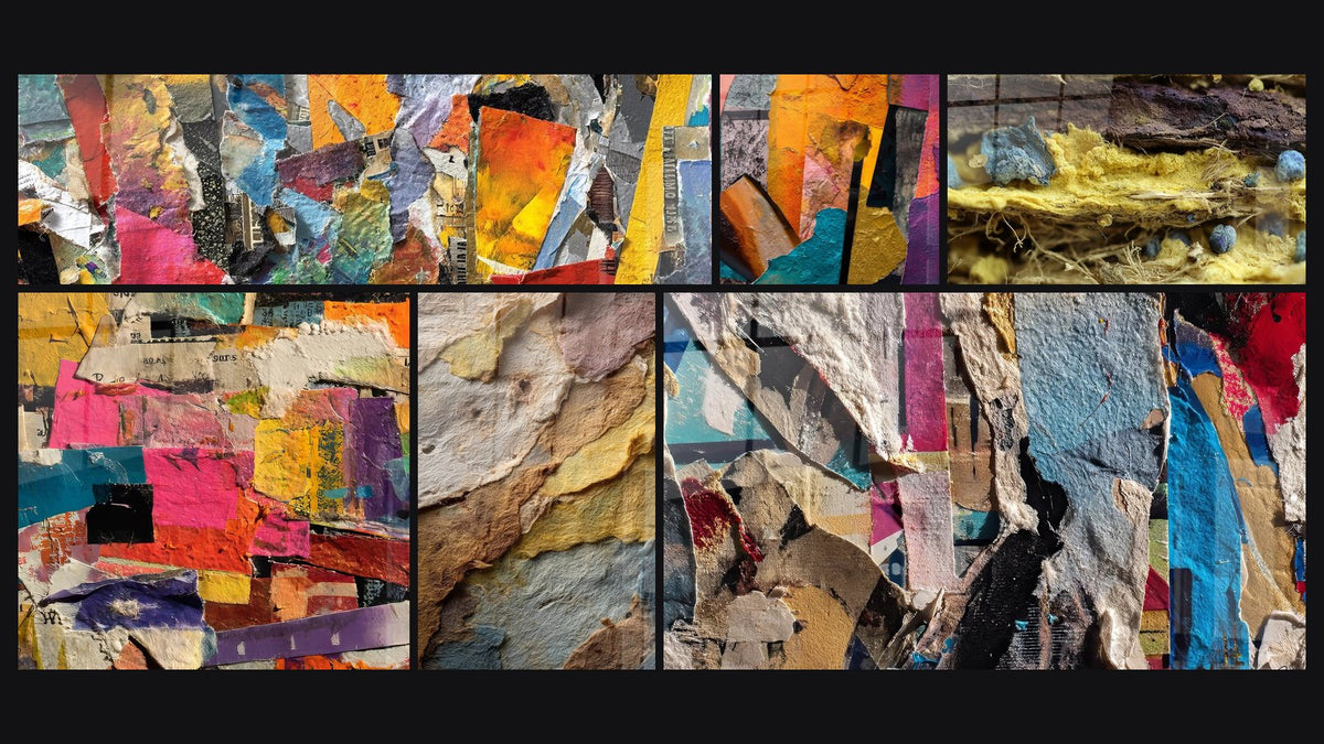 Mosaik aus sechs Gemälden, darunter Abstraktes mehrfarbiges, Geologische Schichten und Mikroskopische organische Strukturen
