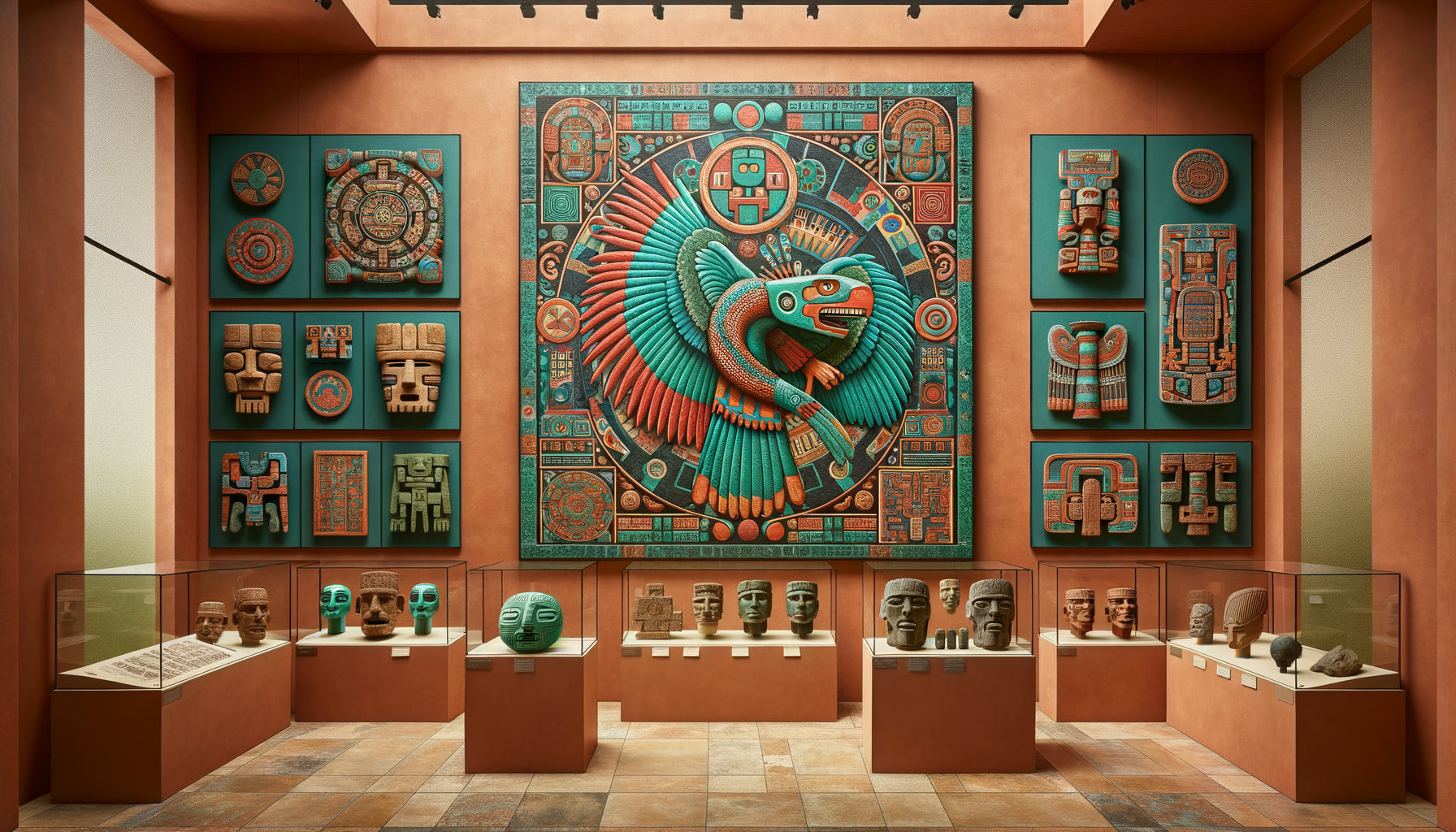 Collection d'art précolombien avec tableau mural central de Quetzalcoatl entouré d'artefacts aztèques et mayas authentiques