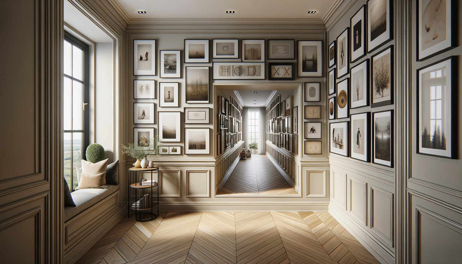 Couloir résidentiel transformé en galerie murale cohérente avec collection encadrée de multiples œuvres coordonnées