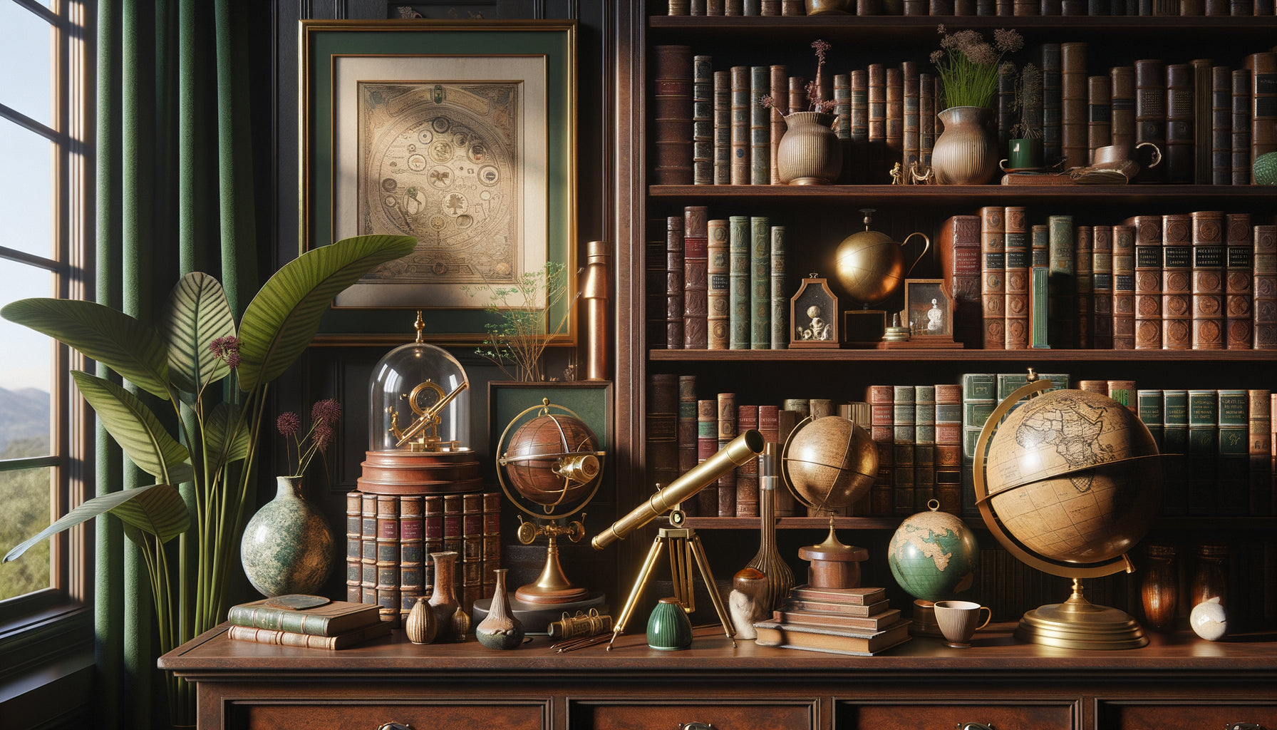 Collection éclectique de curiosités et objets décoratifs disposés progressivement autour d'une bibliothèque personnelle, esprit cabinet de curiosités