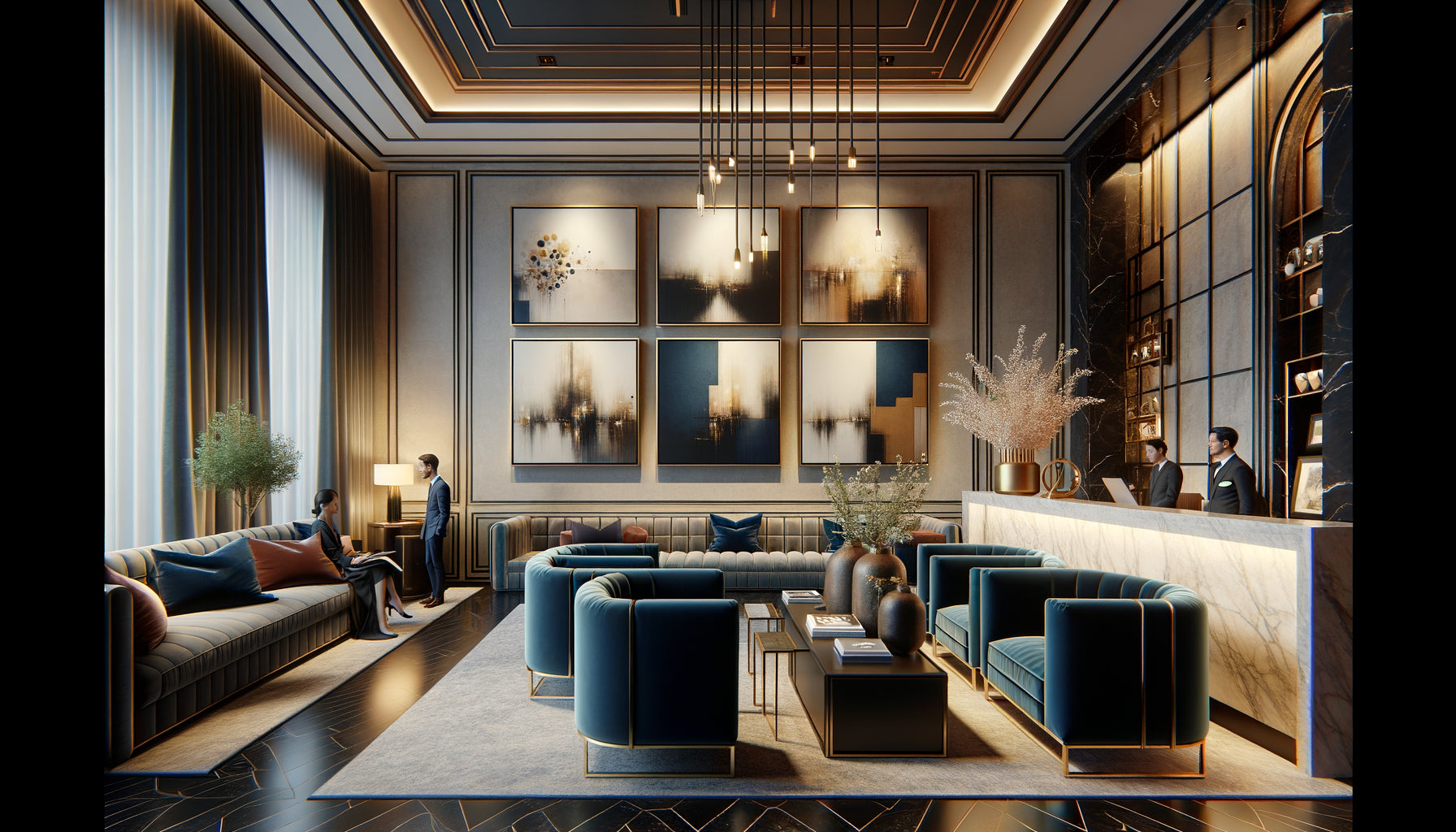 Lobby d'hôtel-boutique contemporain avec collection cohérente de tableaux et éclairage galerie professionnel